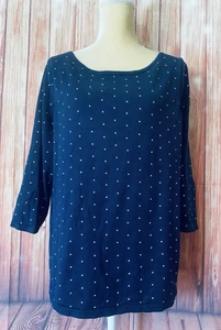 Women's 1X Blouse Lauren Ralph Lauren Knit Blue Polka Dots 3/4 Sleeves Soft  - Picture 1 of 10