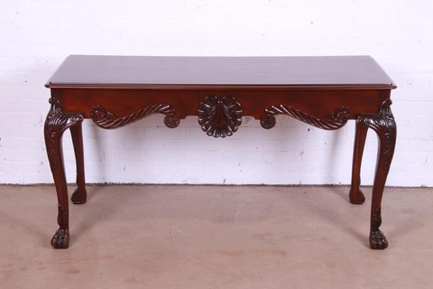 Baker Furniture Georgian Carved Mahogany Console or Sofa Table, Newly Refinished Cover