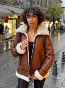 LADIES BROWN VINTAGE B3 PREMIUM SHEEP LEATHER AVIATOR JACKET THICK WARM FUR COAT - Picture 1 of 6