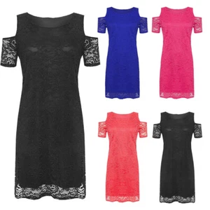 Womens Short Sleeve Floral Lace Line Midi Dress Cold Shoulder Fancy Party Dress - Picture 1 of 5