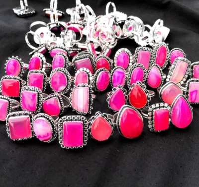 Lote de 925 anillos de piedras preciosas de ágata rosa Botsuana, anillos de preocupación, anillos plateados ~ regalo ~ Foto 1 de 3