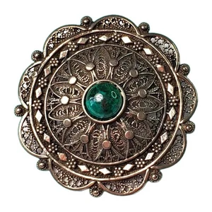 Sterling Silber filigrane Brosche Malachit Cabochon Anhänger Blumen auffällig - Bild 1 von 10