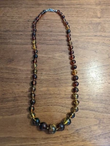 Vintage Graduated Beaded Amber Necklace 20" Knotted w/ 925 Silver Lobster Clasp - Picture 1 of 10