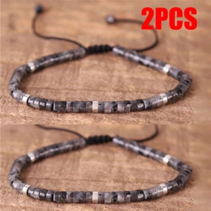 2PC Natural Labradorite Black Stone Dainty Braided Bracelet Handmade Adjustable - Picture 1 of 2