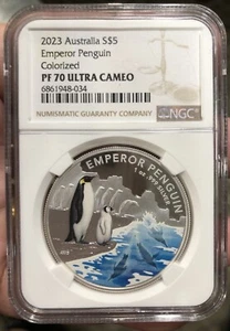 2023 Australia $5 Emperor Penguin Colorized Proof 1 oz Silver Coin - NGC PF 70 - Picture 1 of 2