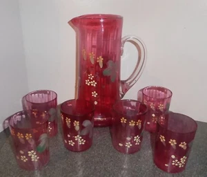VINTAGE CRANBERRY GLASS PITCHER & TUMBLERS WITH APPLIED ENAMEL FLOWERS - Picture 1 of 5