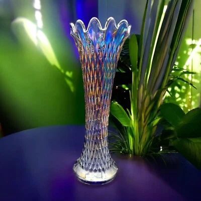 Antique Northwood Diamond Point Carnival Glass Swung Vase Electric Blue - Image 1 of 4