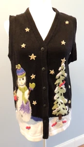 Quacker Factory Christmas Snowman Sweater Vest Womens Sz Med Black House Trees - Picture 1 of 13