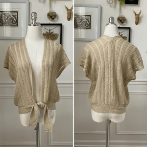 Vintage Glentex Tan Gold Shrug Sweater Tie Front Cardigan Open Weave OSFM S M - Picture 1 of 8
