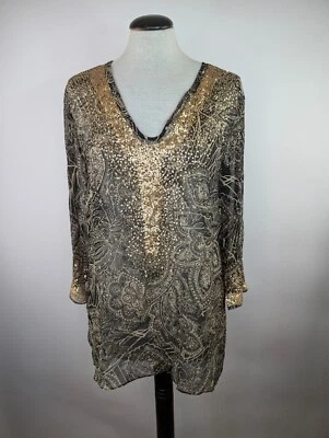 Blusa INC Transparente 100% Seda Negra Estampado Paisley con Lentejuelas Doradas Cuello en V Túnica talla 6 Foto 1 de 4