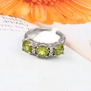 3 Stone Round Cut Natural Peridot 925 Sterling Silver Ring Birthday Gift For Her - Picture 1 of 10