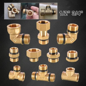 1/2" 3/4" Brass Pipe Fittings Straight Elbow Tee Plug Connector + Seal Washer - Picture 1 of 22