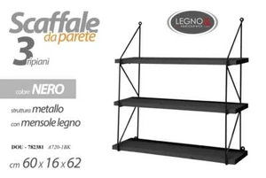 SCAFFALE DA PARETE 3 MENSOLE LEGNO PENSILE MODERNO LIBRERIA METALLO 60*16*62cm - Foto 1 di 2