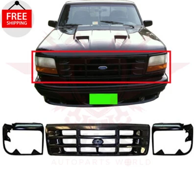 New Front Grille & Headlamp Door Left Right Black 3pc Fits 1992-1996 Ford Bronco - Imagem 1 de 4