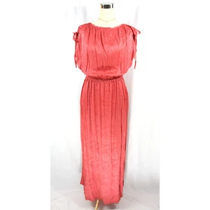 Vintage Floral Jacquard Silky Short Sleeve Maxi Dress Blouson Gown Pink M 1970s - Picture 1 of 8