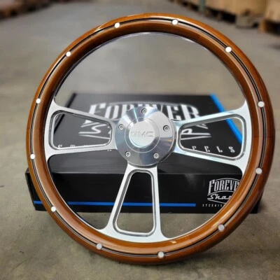 14" Billet Steering Wheel GMC Wood Rivet Half Wrap Modern GMC Logo Horn Button - Image 1 of 4