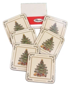 Posavasos de árbol de Navidad blanco pimpinela en caja original juego de 6 con respaldo de corcho usado en excelente estado - Imagen 1 de 12