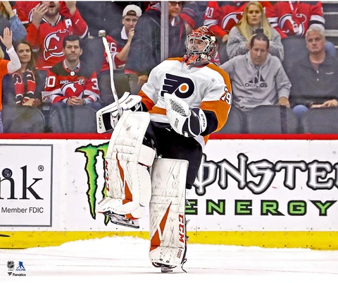 Carter Hart Philadelphia Flyers Unsigned White Jersey Win Celebration Photograph Cover