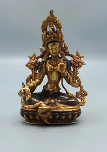 Partly Gold Plated Beautiful Copper Green Tara Statue 6" - Picture 1 of 5
