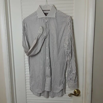 Camisa de vestir de lujo HICKEY FREEMAN marrón a rayas 100 % algodón para hombre 16 R Foto 1 de 4