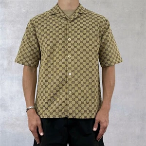 New Gucci Monogram GG Jacquard Linen Blend Canvas Cotton Beige Shirt Size M - Picture 1 of 22