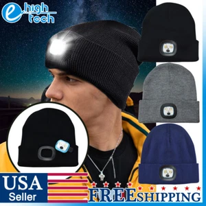 Unisex Warm Winter Knit Beanie Hat with LED Light USB Rechargeable Headlamp Cap - Picture 1 of 14