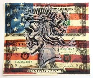 "Dead Liberty" Dollar Currency Money Mixed Media Street Art Real $ Bill 1/1 - Picture 1 of 6