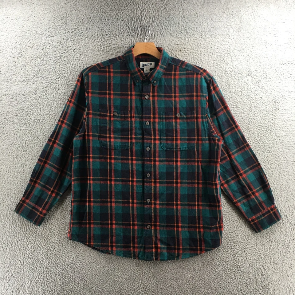 Duluth Trading Co Shirt Mens L Green Orange Plaid Button Front Relaxed Fit - Image 1 of 4