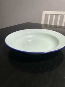 Vintage Peacock Enamel Ware Bowl Teal with Blue Rim 22cm - Picture 1 of 6