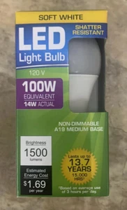 LED LIGHT BULB, LED 100 Watt Equivalent 14 Watt Actual, SOFT WHITE 1500 Lumens - Picture 1 of 6