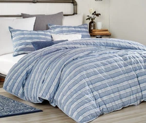 Peri Home Puckered Stripe Blue White 100% Cotton KING Duvet Cover  $241 - Picture 1 of 11