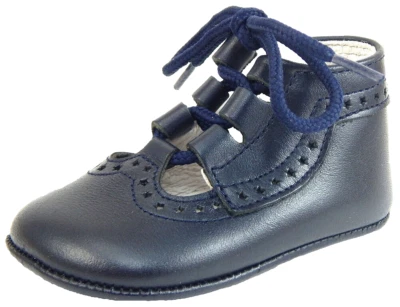 DE OSU -Spain -Baby Navy Blue Leather Dress Crib Ghillie Shoes -European 17 Sz 1 - Image 1 of 4