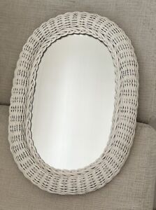 Vintage White Wicker/ Wood Frame BOHO Oval Wall Mirror 18” X 12” Coastal Shabby