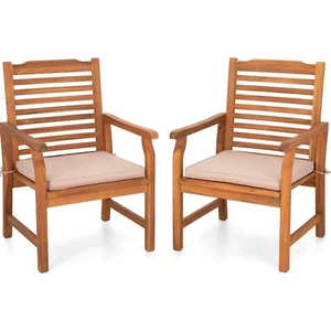 Patio Dining Chairs Set of 2 Outdoor Chair Acacia Wood Armchairs with Cushions - Picture 1 of 9