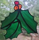 Vintage Stained Glass Holly Berry Ornament Suncatcher 4.5" W x 4.75" H