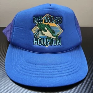 Vintage Bass Anglers of Houston Blue Trucker Style Mesh Snapback Hat - Picture 1 of 9