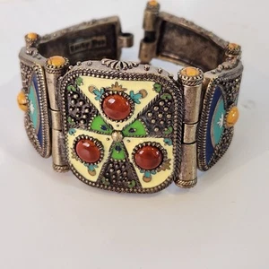lucky you enameled hinged brass multi colored mosaic vintage bracelet art deco - Picture 1 of 11