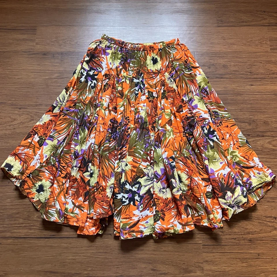 Saia Maxi Vintage Anos 90 Y2K Grande Floral Laranja Cintura Elástica Boho Tropical - Imagem 1 de 4