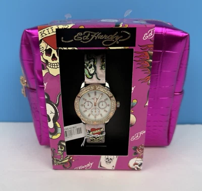 Ed Hardy Women's Watch & Pink Cosmetic Makeup Pouch Gift Set NIB - Image 1 of 4