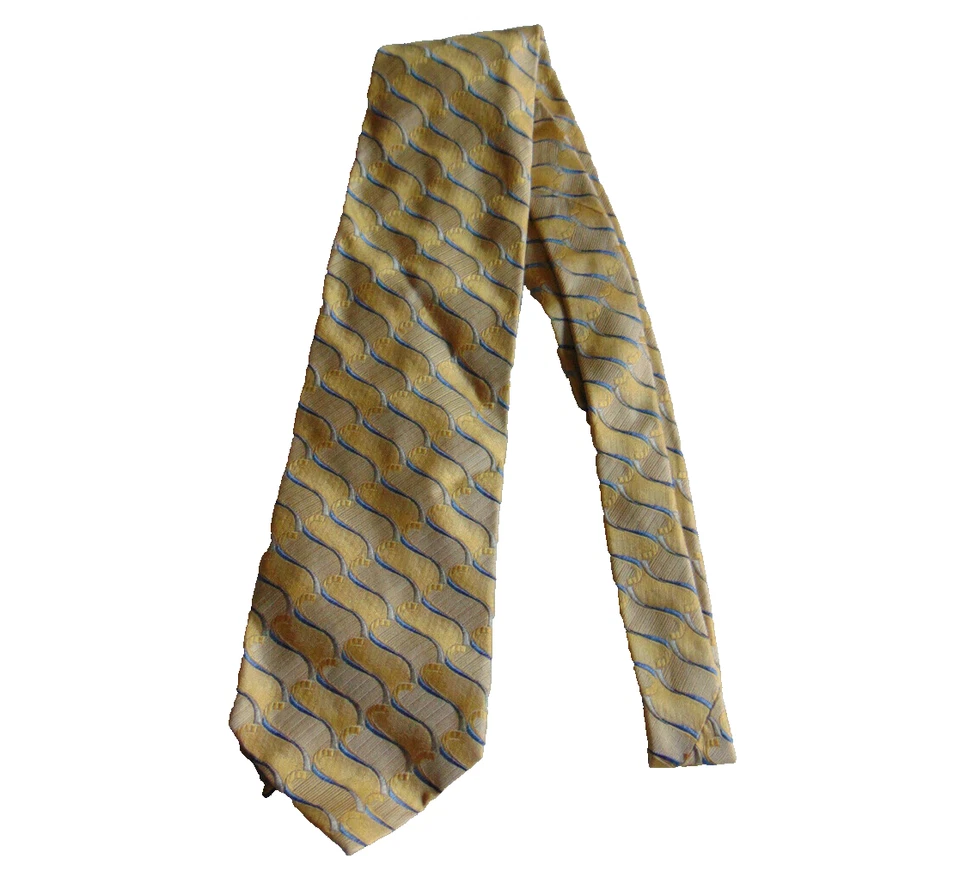 Corbata Bachrach Hombre 100% Seda Dorado Azul Claro Geométrica Ancha Hecha en Italia Foto 1 de 4
