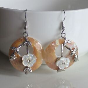 Pair Gemstone agate Shell Reiki Chakra fashion shell flower dangle earrings