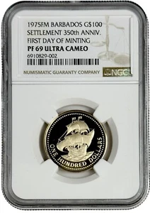 1975 Barbados $100 Settlement Anniv First Day of Minting Gold Coin NGC PF 69 UC - Picture 1 of 2