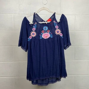 NWT V Cristina Women's Cold Shoulder Embroidered Short Sleeve Blouse Medium Navy - Picture 1 of 10
