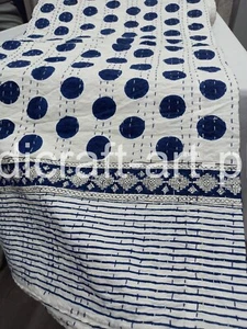 Indian Handmade Cotton Kantha Quilt, Boho Throw, Bedspread , Block Print Quilt - Picture 1 of 8