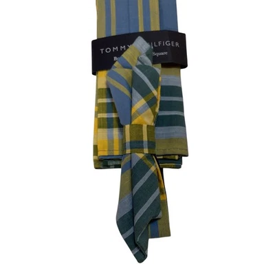 TOMMY HILFIGER Cotton BOW TIE & POCKET SQUARE Set Designer PLAID Blue/Green NWT - Image 1 of 2