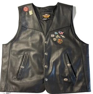 Harley Davidson Herren Weste schwarz Leder Druckknopf Größe XL mit Ride Pins - Bild 1 von 17