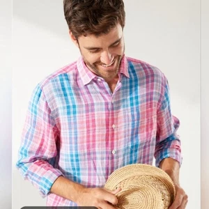TOMMY BAHAMA Men’s Paradise Cay Plaid Linen Shirt XXL Very Berry Preppy Coastal - Picture 1 of 16