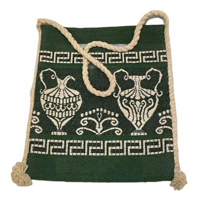 Bolsa tiracolo vintage tecida à mão Grécia verde algodão com borlas e urnas - Imagem 1 de 4