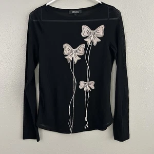 Karen Kane schwarz Mesh Langarm Top Gr. L Schleife Applikationen transparent Goth Grunge Y2K - Bild 1 von 10