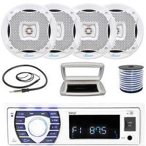 Pyle Single-DIN Bluetooth Marine MP3 Radio, 4x 6.5” 400W Max Full-Range Speakers - Picture 1 of 7
